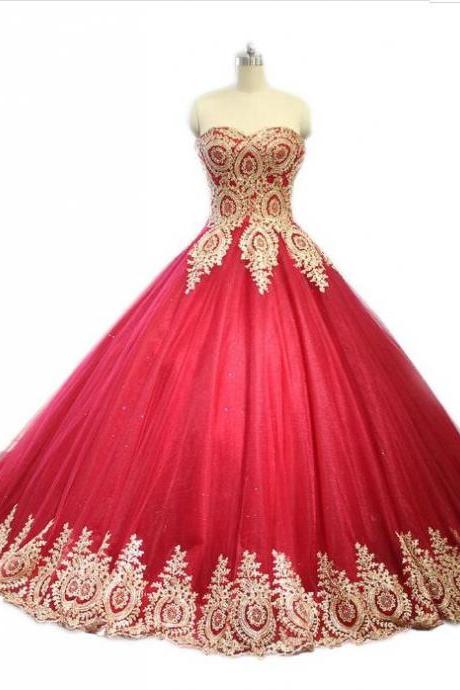 Red Tulle Ball Gown Quinceanera Dresses With Gold Lace Appliqued 2020 Sweet 16 Quinceanera Party Gowns