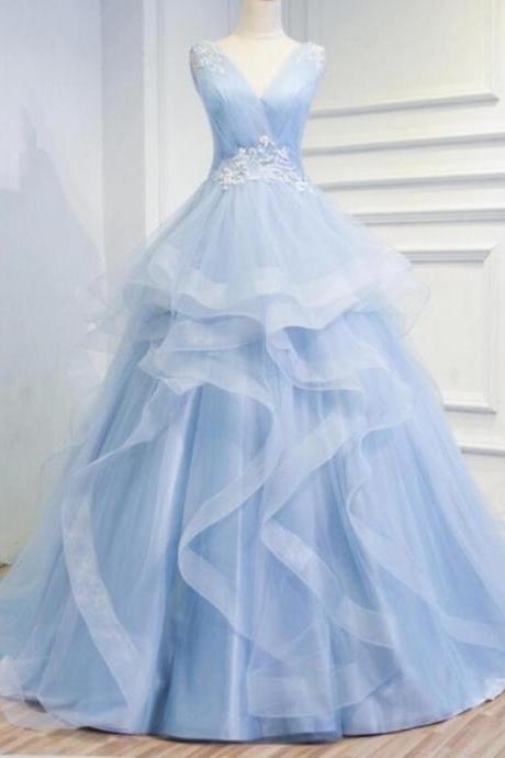 Light Blue Tulle Ruffle A Line Quinceanera Dresses Custom Made Women Party Gowns , Long Prom Gowns