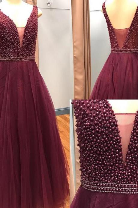 Fashion Pearls Burgundy Tulle Long Prom Dress 2020 Custom Made Women Party Gowns , Formal Evening Dress