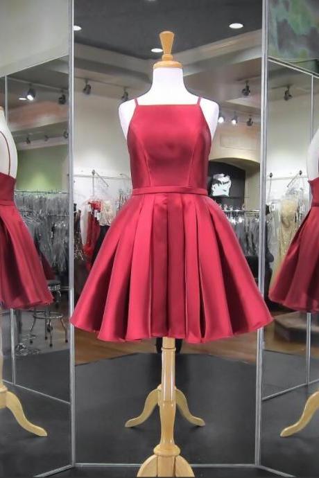 Burgundy Satin Short Homecoming Dress For Dance School Dress Custom Made Party Gowns , Short Cocktail Gowns