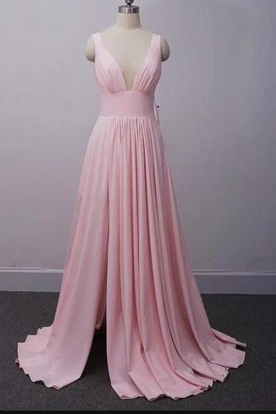 V-neck Light Pink Satin Long Prom Dress Custom Made Prom Party Gowns ,simple Formal Gowns