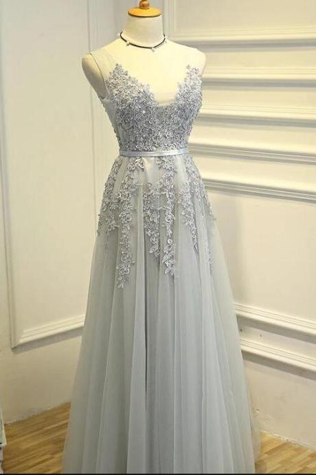 Sexy Silver Tulle Lace Prom Dress Custom Made Women Party Gowns 2020 Formal Evening Gowns