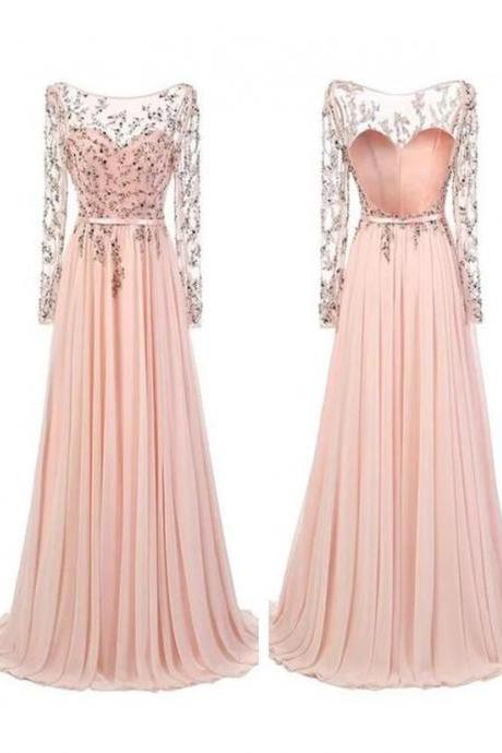 Beaded Chiffon Long Prom Dress With Long Sleeve 2020formal Women Gowns ,a Line Prom Dresses