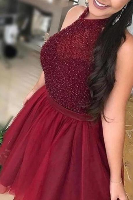 Sexy Burgundy Beaded Tulle Short Homecoming Dress For Teens ,Short Party Gowns ,Sweet 16 Prom Gowns 
