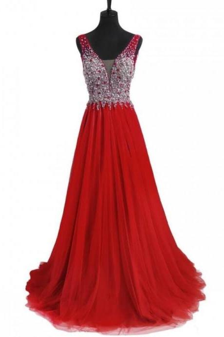Charming Beaded V-neck Long Prom Dress Plus Size Sexy Backless Prom Gowns , Formal Gowns 2020