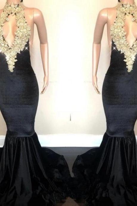Plus Size Sexy Halter Black Mermaid Prom Dress With Lace Appliqued Prom Party Gowns , Black Mermaid Evening Dress