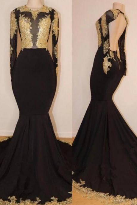 Black Satin Mermaid Prom Dresses With Gold Lace Appliqued Custom Made Women Party Gowns , Evening Gowns