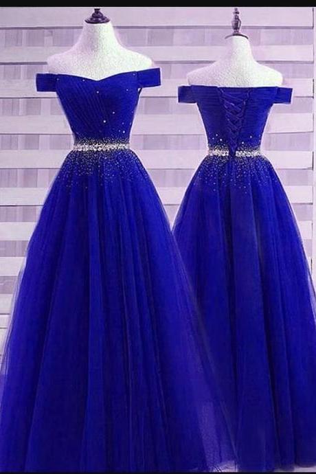 Royal Blue Tulle Beaded Long Prom Dress Sweet Women Party Gowns ,custom Made Party Gowns 2020