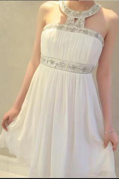 Sexy White Chiffon Beaded Crew-nECK Sheer Short Homecoming Dress For Teens ,Short Party Gowns For Girls ,Sweet16 Prom Party Gowns 