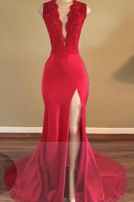 Off Shoulder Red Satin Lace Mermaid Prom Dress Backless Sexy Simple Prom Party Gowns ,sweep Train Evening Dresses