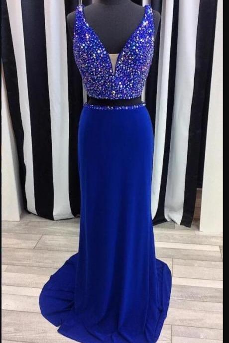Plus Size A Line Royal Blue Beaded Two Pieces Long Prom Dress , Crystal Long Prom Gowns ,wedding Guest Gowns
