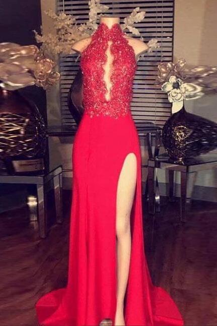 Plus Size Red Lace Long Prom Dresses Lace Women Party Gowns , Evening Dress
