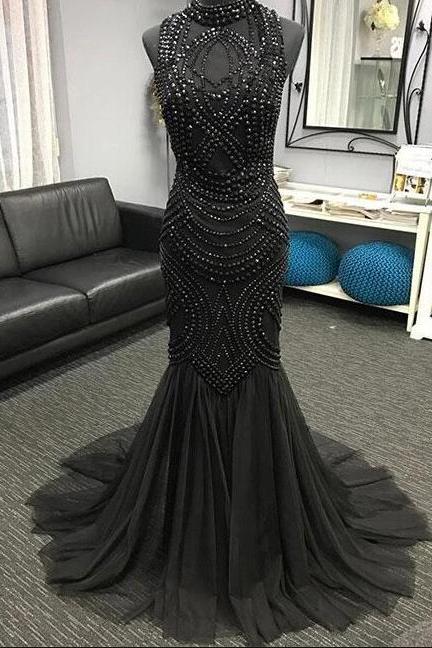 Sexy High Neck Black Beaded Sheath Long Prom Dresses Custom Made Women Party Gowns , Long Evening Dresses 2020