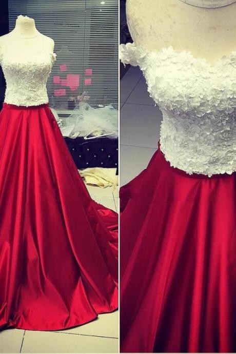 Custom Made Floral Lace A Line Quinceanera Dress Red Satin Long Prom Party Gowns ,sweet 16 Prom Gowns