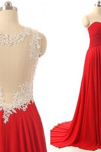 Red Chiffon Sheer Neck Prom Dress A Line Prom Party Gowns Plus Size Evening Gowns