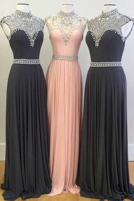 High Neck Beaded Black Chiffon Long Prom Dresses Custom Made Women Party Gowns ,wedding Party Guest 2020