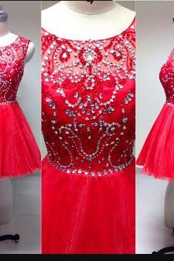 Fashion Red Tulle Beaded Scoop Neck Short Homecoming Dress Above Length Mini Party Gowns , Party Gown For Teens