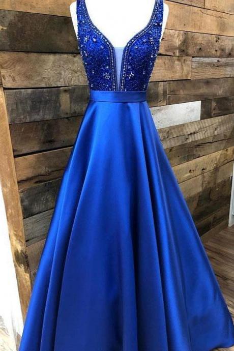 Custom Made Lace A Line Lace Prom Dresses Royal Blue Satin Prom Party Gowns, Formal Women Dress