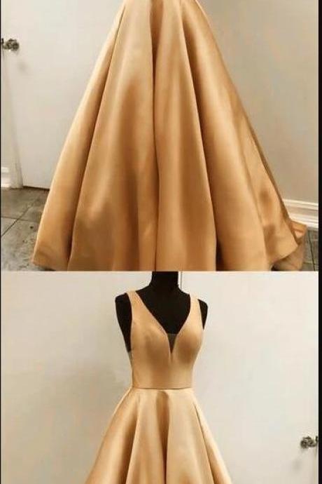 Gold Satin A Line Women Dress, A Line Prom Dresses,custom Made Evening Party Gowns