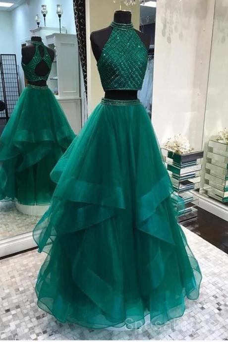 Luxury Beaded Emerland Green Tulle A Line Long Prom Dresses Custom Made Formal Evening Party Dresses , 2 Pieces Party Gowns For Teens