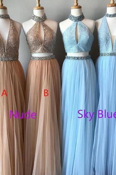 Fashion Beaded Light Champagne Long Prom Dress, Sky Blue Two Pieces Beaded Prom Gowns , Lone Evening Party Gowns 2020