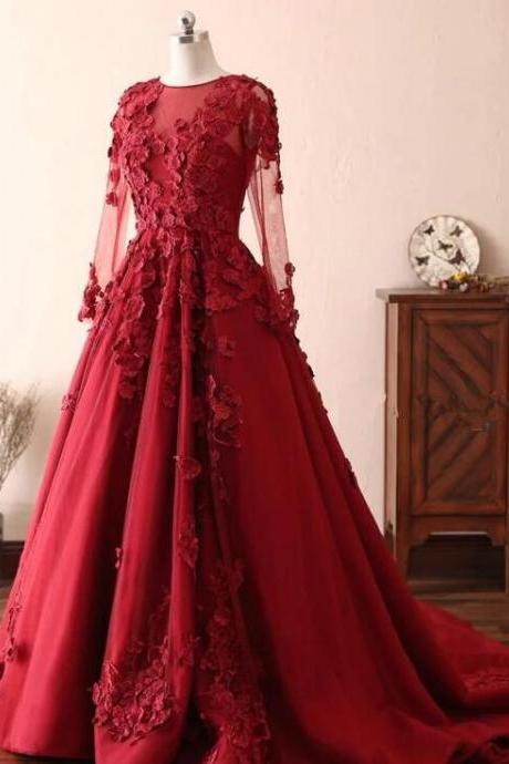 Plus Size Red Satin Floral Lace Ball Gown Quinceanera Dresses With Long Sleeve Custom Made Wedding Dress 