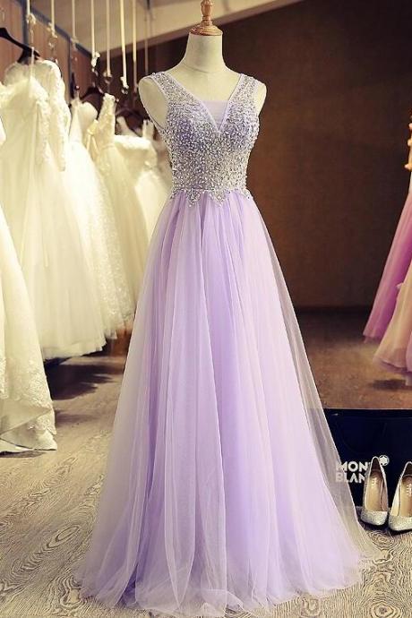 Sparkly Lavender Tulle V-neck Beaded Long Prom Dress Custom Made Women Party Gowns Custom Made Evening Dress