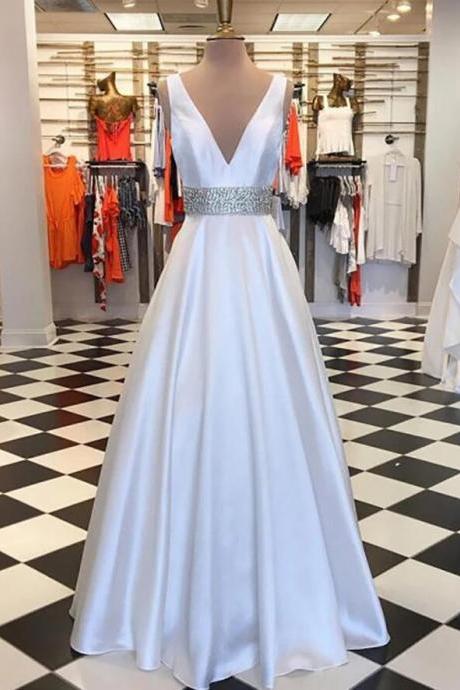 Sexy V-neck White Satin A Line Long Prom Dresses Custom Made Women Party Gowns 2020 Women Prom Gowns