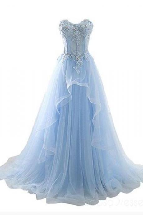 Off Shoulder Light Sky Blue Tulle Lace Long Prom Dress A Line Women Party Gowns , Formal Evening Dresses