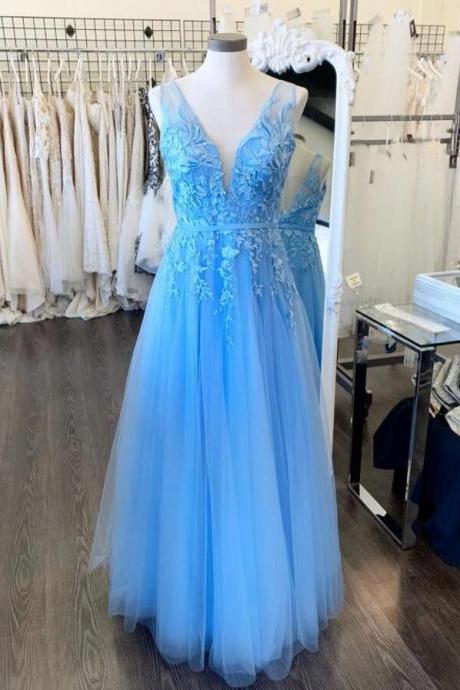 Blue Lace A Line Long Prom Dress 2020 Custom Made Women Party Gowns ,wedding Party Gowns