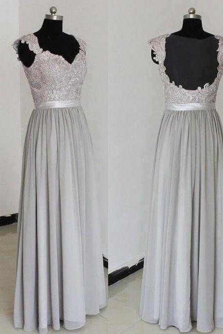 Spaghetti Strap Silver Chiffon Formal Evening Dress, Long Prom Dress,plus Size Women Party Gowns Prom Gowns