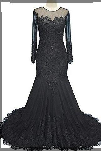 Custom Made Black Tulle Lace Appliqued Mermaid Evening Dress With Long Sleeve ,long Prom Party Gowns