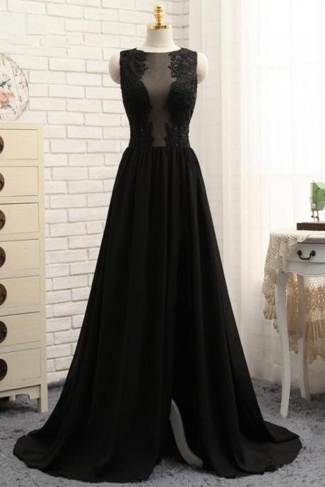 Plus Size Black Lace Long Prom Dress Strapless Sheer Neck Women Gowns , Custom Made Evening Gowns With Side Slit