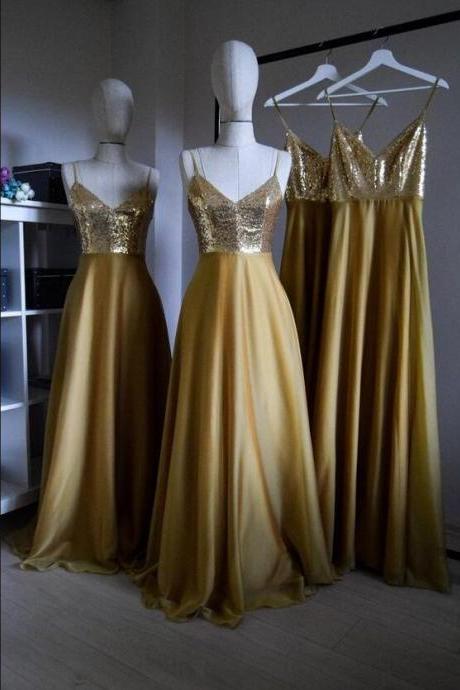 Fashion Spaghetti Strap A Line Long Prom Dress Gold Sequin Corset Women Gowns ,Plus Size Formal pARTY gOWNS 