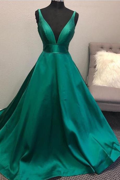 New Arrival Green Satin V-Neck Long Prom Dress Cheap Women Party Gowns Plus Size Prom Gowns 2020