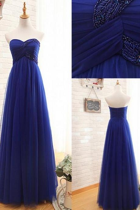 Custom Made Blue Tulle A Line Long Prom Dresses Beaded Formal Evening Dress,Cheap Evening Party Gowns 