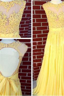 Plus Size Scoop Yellow Lace Formal Evening Dress Floor Length Sexy Backless Women Gowns ,Long Prom Gowns 