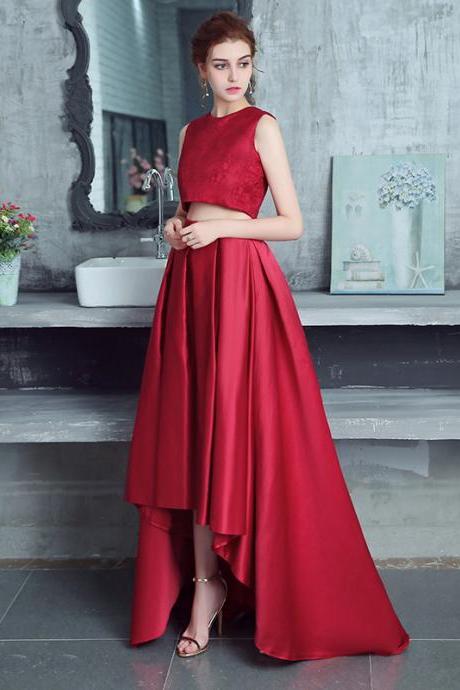 New Arrival Burgundy Lace Long Prom Dress 2 Pieces Homecoming Party Gowns A Line Evening Dress, Long Prom Gowns 