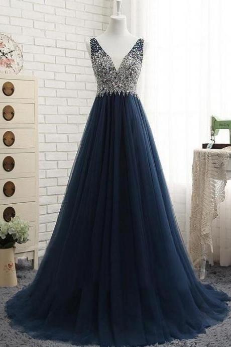 Luxury Beaded Crystal Navy Blue Tulle Long Prom Dress A Line Women Party Gowns Sexy Backless Prom Gowns 