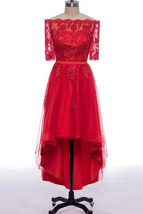 Cheap Red Tulle Lace High Low Prom Dresses 2020 Formal Evening Dress With Sleeve Women Party Gowns , sexy a line prom gowns 