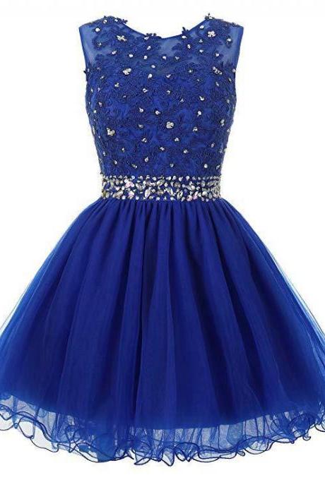 Sexy Scoop Royal Blue Tulle Beaded Short Homecoming Dress Custom Made Wedding Guest Gowns ,Short Cocktail Gowns 