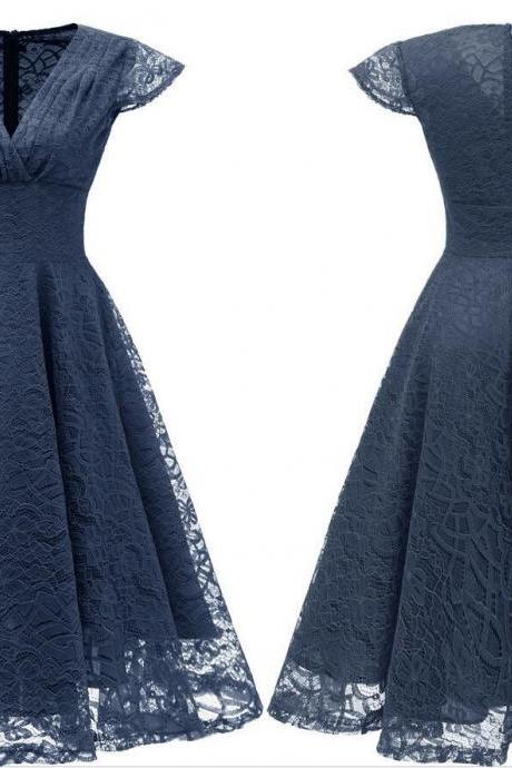 Navy Blue Short Soft Lace Prom Dress Off Shoulder Women Party Gowns , Short Bridesmaid Gowns , Party Dress . A Line Wedding Gyuest Gowns,short