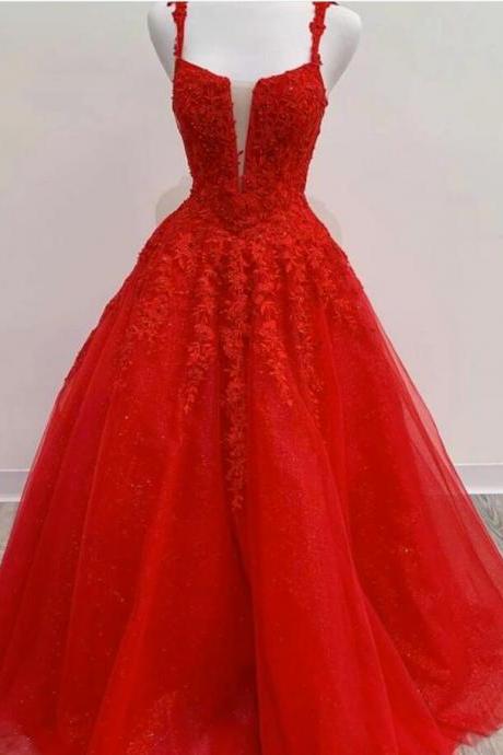 Elegant Red Tulle Ball Gown Quinceanera Dresses Deep Neck Sheer Long Prom Party Gowns ,Sweet 16 Quinceanera Gowns Beaded 
