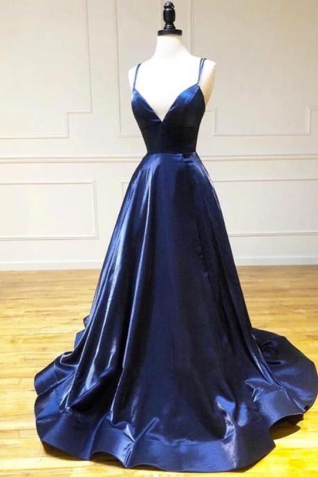 Spaghetti Strap Dark Blue Satin Prom Dress Custom Made Prom Party Gowns ,Cheap Women Dress 
