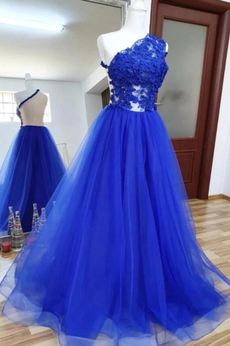 Royal Blue Tulle A Line Long Prom Dresses With Floral Lace 3D 2020 Custom Made Formal Evening Dress ,Cheap Formal Gowns 