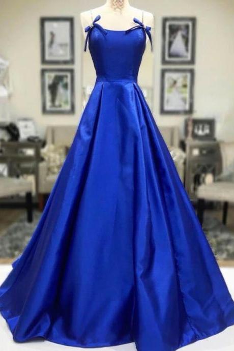Off Shoulder Royal Blue Satin Long Prom Dresses ,Cheap Prom Gowns 