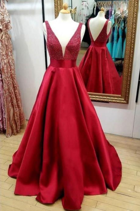 Custom Made V-Neck Beaded Long Prom Dress Red Satin Prom Party Gowns ,Plus Size Prom Gowns ,Cheap Beaded Evening Dresses 