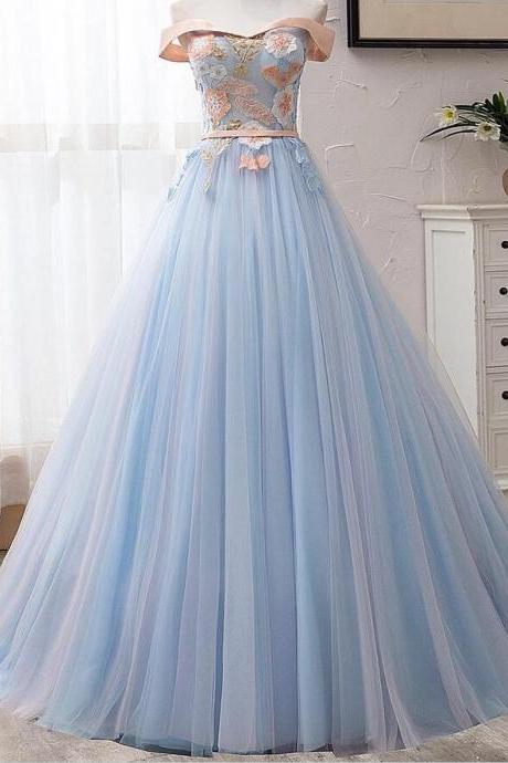 Off Shoulder Light Sky Blue Tulle Long Prom Dress Custom Made Women Party Gowns ,Formal Dress 