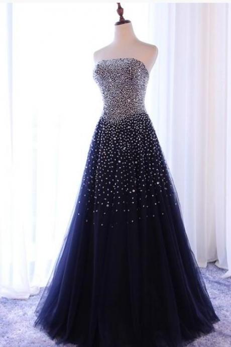 Luxury Beaded Navy Blue A Line Long Prom Dresses Custom Made Women Party Gowns ,Sexy Wedding Guest Gowns 
