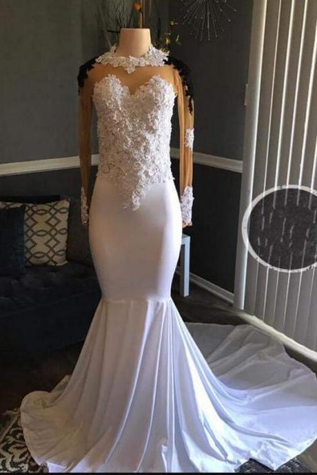 Plus Size White Lace Mermaid Evening Dress With Appliqued Long Sleeve Musilm Evening Party Gowns , Long Prom Dresses 2020
